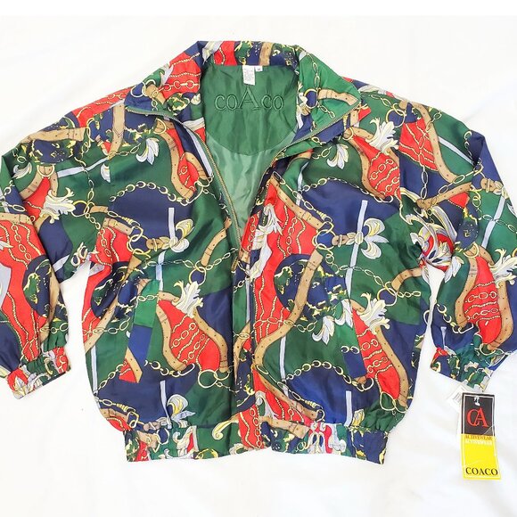 Coaco Womens Vintage New Old Stock Scarf Print Silk Bomber Jacket M/L NWT - Picture 1 of 15